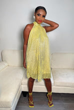 Load image into Gallery viewer, LIME YELLOW METALLIC HALTER DRESS