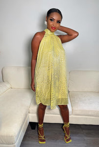 LIME YELLOW METALLIC HALTER DRESS