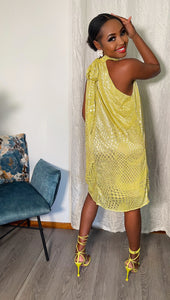 LIME YELLOW METALLIC HALTER DRESS