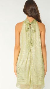 SAGE GREEN METALLIC HALTER DRESS