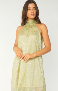 SAGE GREEN METALLIC HALTER DRESS