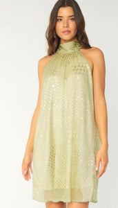 SAGE GREEN METALLIC HALTER DRESS